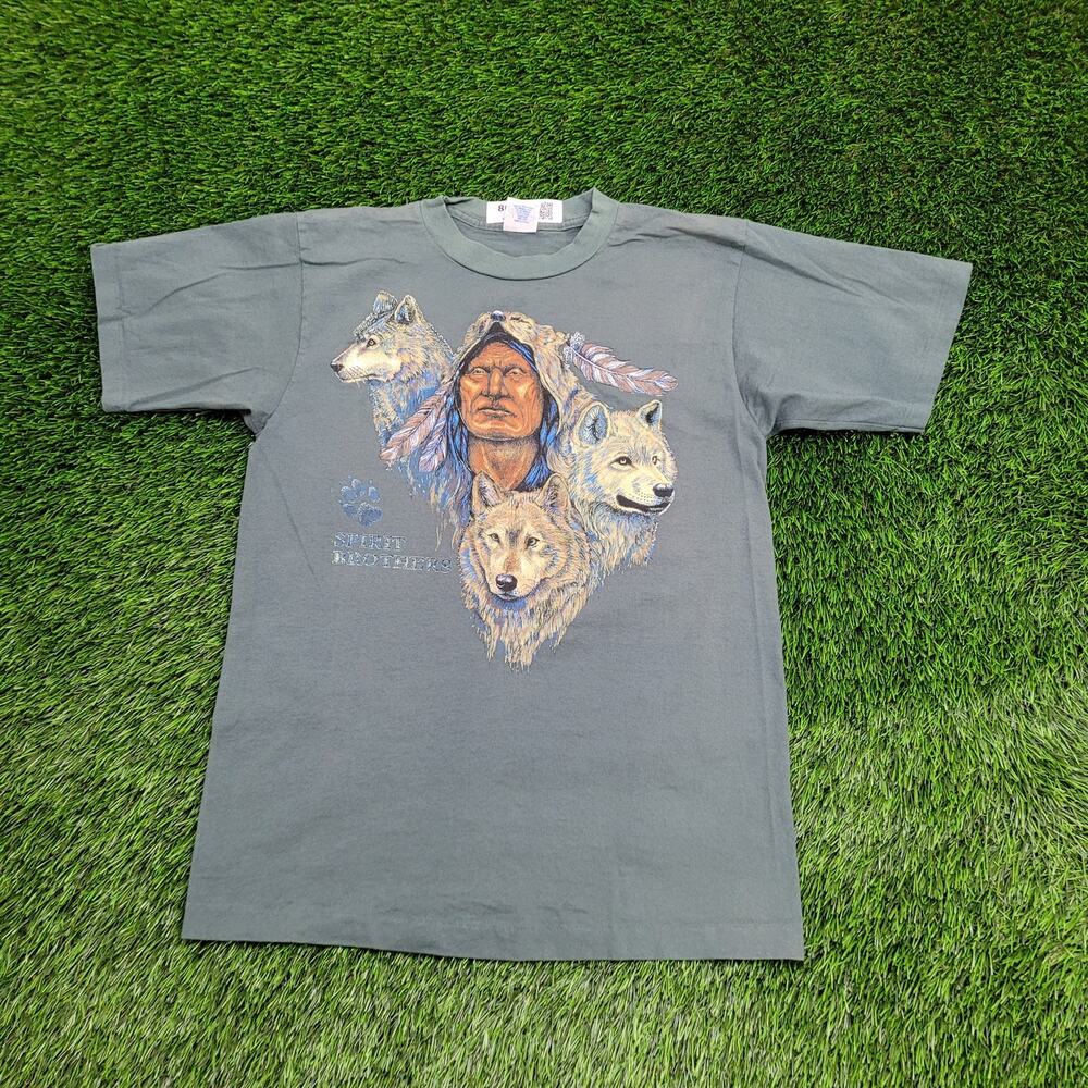 Vintage 90s Native-American Indian Wolf Shirt Medium 19x26 Green